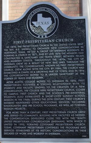 Primary view of object titled '[Texas Historical Commission Marker: First Presbyterian Church]'.