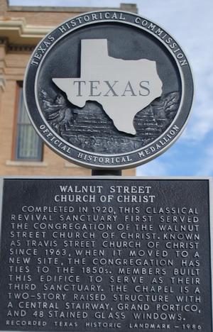 Primary view of object titled '[Texas Historical Commission Marker: Walnut Street Church of Christ]'.