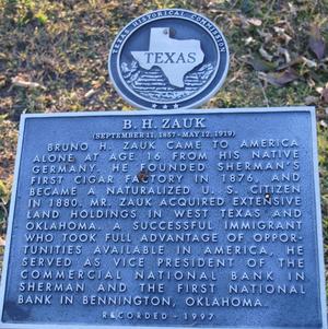 [Texas Historical Commission Marker: B. H. Zauk]