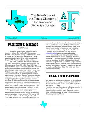 Primary view of object titled 'The Newsletter of the Texas Chapter of the American Fisheries Society, Volume 24, Number 3, Fall 1998'.