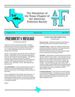 Primary view of object titled 'The Newsletter of the Texas Chapter of the American Fisheries Society, Volume 25, Number 2, Summer 1999'.