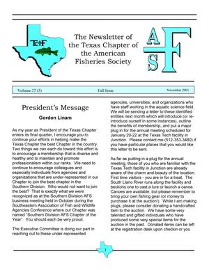 Primary view of object titled 'The Newsletter of the Texas Chapter of the American Fisheries Society, Volume 27, Number 3, Fall 2001'.