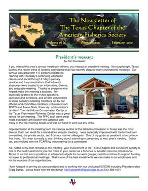 Primary view of object titled 'The Newsletter of the Texas Chapter of the American Fisheries Society, Volume 36, Number 1, Winter 2010'.