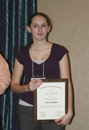 [Karen Drumhiller with scholarship award at the 2012 annual meeting banquet]