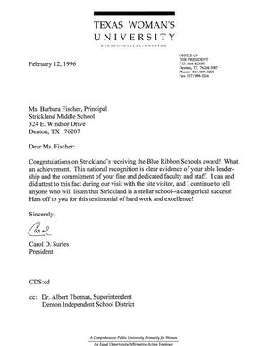 [Letter from Texas Woman's University to Barbara Fischer, February 12, 1996]