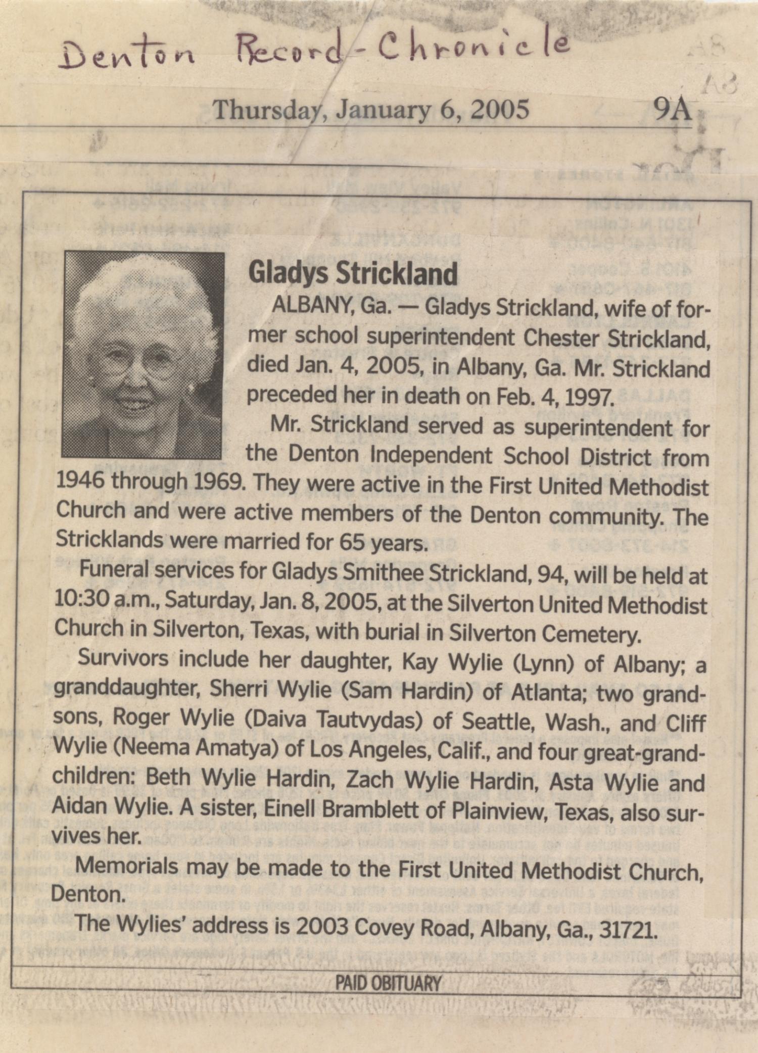 [Gladys Strickland Obituary]
                                                
                                                    [Sequence #]: 1 of 2
                                                