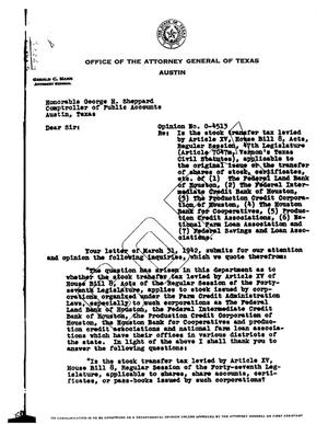 Primary view of object titled 'Texas Attorney General Opinion: O-4513'.