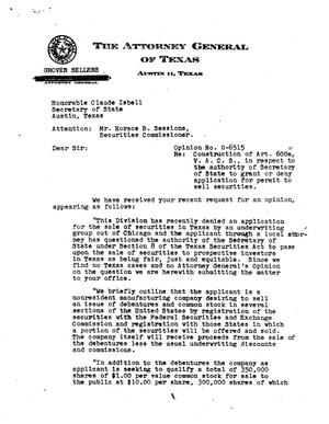 Primary view of object titled 'Texas Attorney General Opinion: O-6515'.