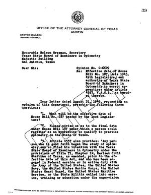 Primary view of object titled 'Texas Attorney General Opinion: O-6609'.