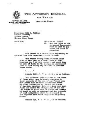 Primary view of object titled 'Texas Attorney General Opinion: O-6718'.