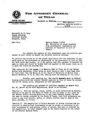 Primary view of object titled 'Texas Attorney General Opinion: O-6785'.