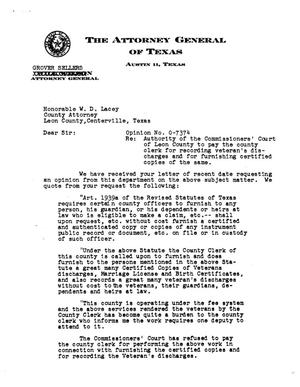 Primary view of object titled 'Texas Attorney General Opinion: O-7374'.