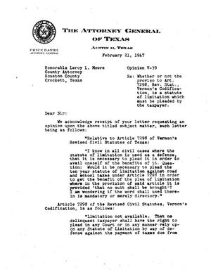 Texas Attorney General Opinion: V-39