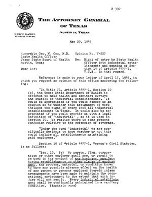 Texas Attorney General Opinion: V-227