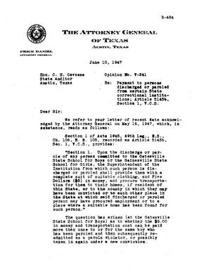 Primary view of object titled 'Texas Attorney General Opinion: V-241'.