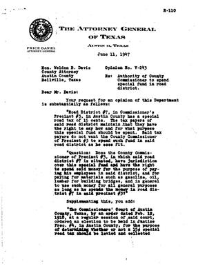 Primary view of object titled 'Texas Attorney General Opinion: V-243'.