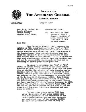 Primary view of object titled 'Texas Attorney General Opinion: V-297'.