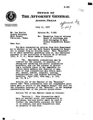 Primary view of object titled 'Texas Attorney General Opinion: V-299'.