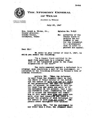 Primary view of object titled 'Texas Attorney General Opinion: V-313'.