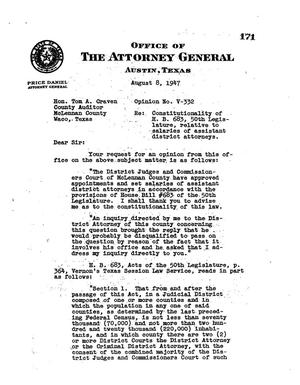 Primary view of object titled 'Texas Attorney General Opinion: V-332'.
