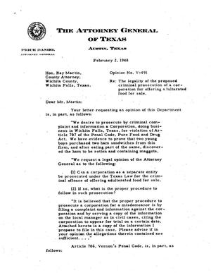 Primary view of object titled 'Texas Attorney General Opinion: V-491'.