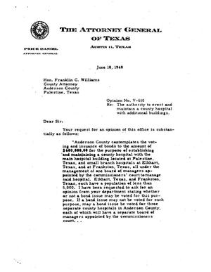 Texas Attorney General Opinion: V-610