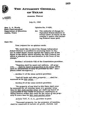 Primary view of object titled 'Texas Attorney General Opinion: V-858'.