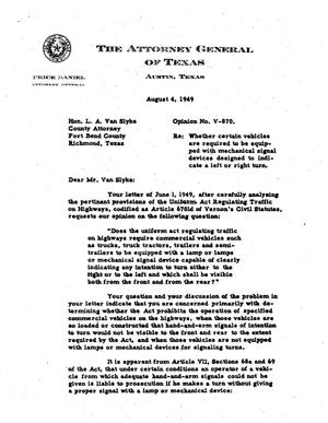 Primary view of object titled 'Texas Attorney General Opinion: V-870'.