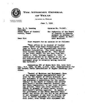 Primary view of object titled 'Texas Attorney General Opinion: V-1067'.