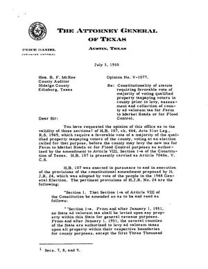 Texas Attorney General Opinion: V-1077