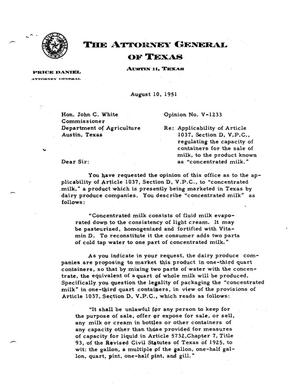 Texas Attorney General Opinion: V-1233