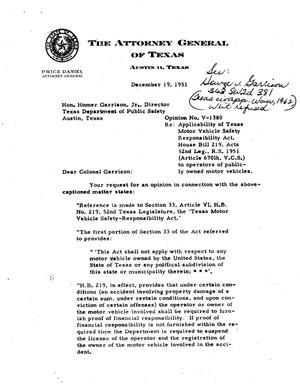 Texas Attorney General Opinion: V-1380