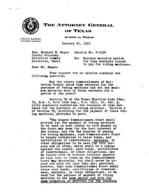 Primary view of object titled 'Texas Attorney General Opinion: V-1394'.