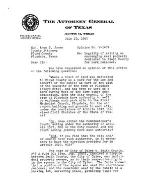 Primary view of object titled 'Texas Attorney General Opinion: V-1474'.