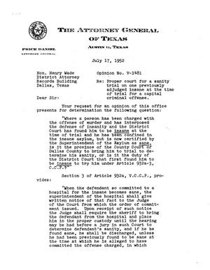 Texas Attorney General Opinion: V-1481