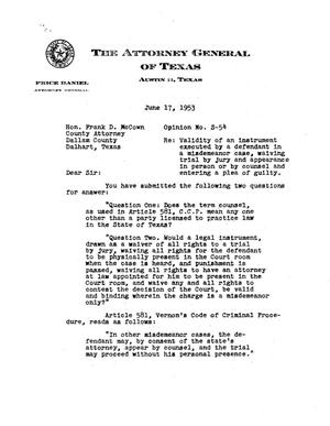 Texas Attorney General Opinion: S-54