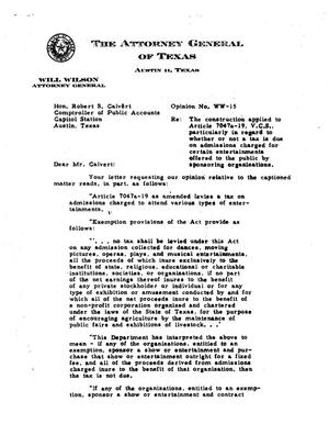 Texas Attorney General Opinion: WW-15