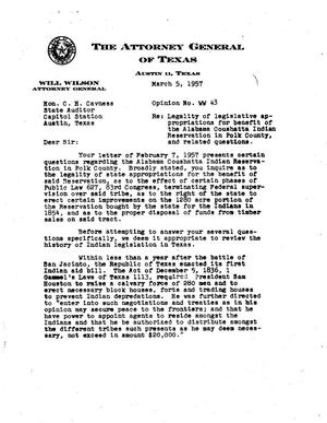 Primary view of object titled 'Texas Attorney General Opinion: WW-43'.
