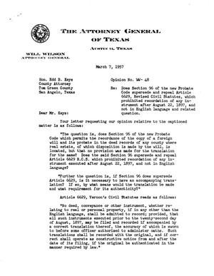 Texas Attorney General Opinion: WW-48