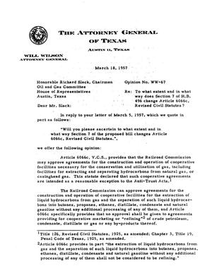 Texas Attorney General Opinion: WW-67
