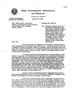 Texas Attorney General Opinion: WW-72