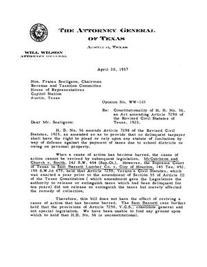 Texas Attorney General Opinion: WW-103