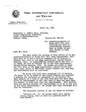 Texas Attorney General Opinion: WW-104