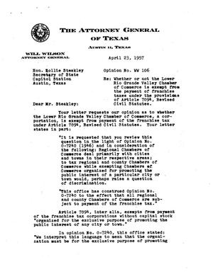 Texas Attorney General Opinion: WW-106
