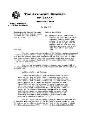 Primary view of object titled 'Texas Attorney General Opinion: WW-139'.