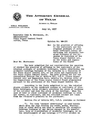 Texas Attorney General Opinion: WW-186