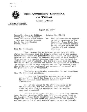 Texas Attorney General Opinion: WW-229