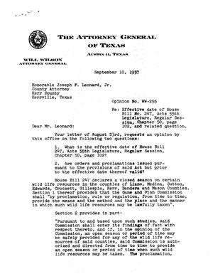 Texas Attorney General Opinion: WW-255