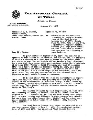 Texas Attorney General Opinion: WW-287