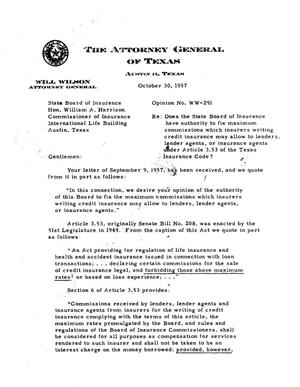 Texas Attorney General Opinion: WW-291